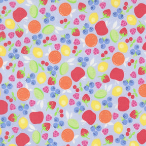 a vibrant and colorful pattern of various fruits, including strawberries, blueberries, oranges, and apples, all depicted in a playful and whimsical manner.