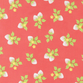 a repeating pattern of white strawberries with green leaves and yellow flowers against a red background.