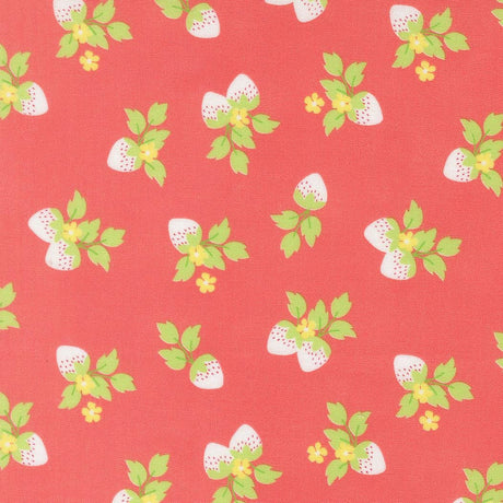a repeating pattern of white strawberries with green leaves and yellow flowers against a red background.