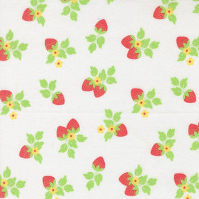 a repeating pattern of red strawberries with green leaves and yellow flowers on a white background.