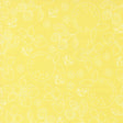 a repeating pattern of various fruits and flowers on a yellow background.