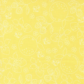 a repeating pattern of various fruits and flowers on a yellow background.