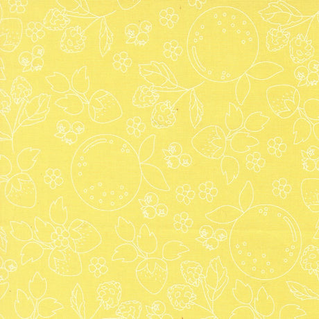 a repeating pattern of various fruits and flowers on a yellow background.