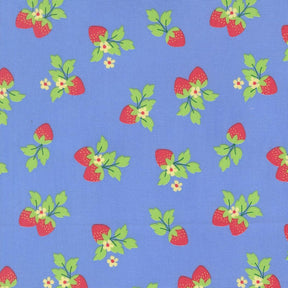 a repeating pattern of red strawberries with green leaves and yellow flowers against a blue background.