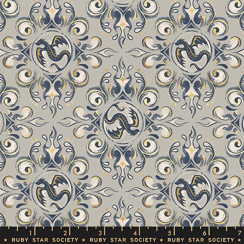 a repeating pattern of stylized dragon designs in shades of blue and gold against a light gray background.