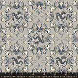 a repeating pattern of stylized dragon designs in shades of blue and gold against a light gray background.