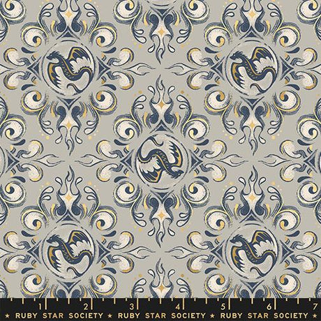 a repeating pattern of stylized dragon designs in shades of blue and gold against a light gray background.