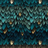 The image is a close-up of a textured surface with a repeating pattern of green and blue feathers or leaves, creating a visually striking and intricate design.