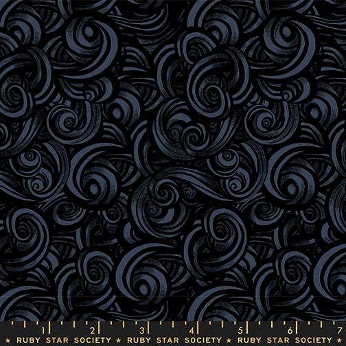 The image is a dark, abstract pattern with swirling shapes and lines in shades of black and gray.