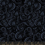 The image is a dark, abstract pattern with swirling shapes and lines in shades of black and gray.