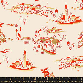 The image is a collage of various red and gold illustrations depicting different landscapes, buildings, and architectural elements.