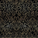 The image is a repeating pattern of stylized golden designs on a black background, featuring intricate shapes and lines that create a visually striking and symmetrical design.