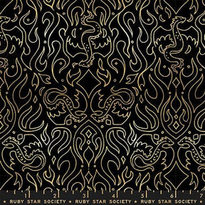 The image is a repeating pattern of stylized golden designs on a black background, featuring intricate shapes and lines that create a visually striking and symmetrical design.
