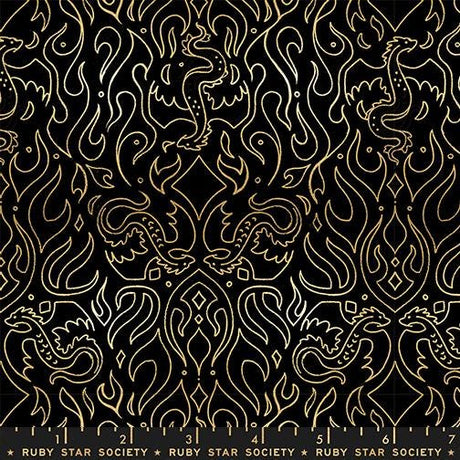 The image is a repeating pattern of stylized golden designs on a black background, featuring intricate shapes and lines that create a visually striking and symmetrical design.
