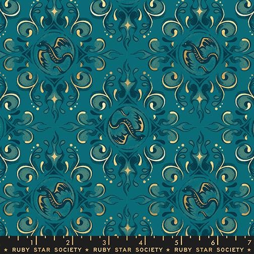 a repeating pattern of turquoise and gold designs, including a central circular design with a dragon motif. The pattern is composed of intricate swirls, curves, and stars, creating a visually striking and ornate design.