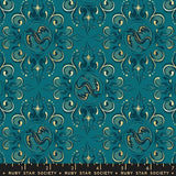 a repeating pattern of turquoise and gold designs, including a central circular design with a dragon motif. The pattern is composed of intricate swirls, curves, and stars, creating a visually striking and ornate design.
