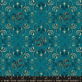 a repeating pattern of turquoise and gold designs, including a central circular design with a dragon motif. The pattern is composed of intricate swirls, curves, and stars, creating a visually striking and ornate design.