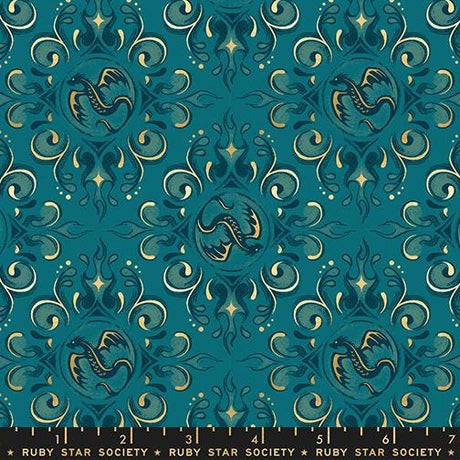 a repeating pattern of turquoise and gold designs, including a central circular design with a dragon motif. The pattern is composed of intricate swirls, curves, and stars, creating a visually striking and ornate design.