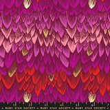 a vibrant and colorful pattern of feathers in shades of pink, red, and orange. The feathers are arranged in a repeating pattern, creating a visually striking and dynamic design.