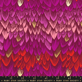 a vibrant and colorful pattern of feathers in shades of pink, red, and orange. The feathers are arranged in a repeating pattern, creating a visually striking and dynamic design.