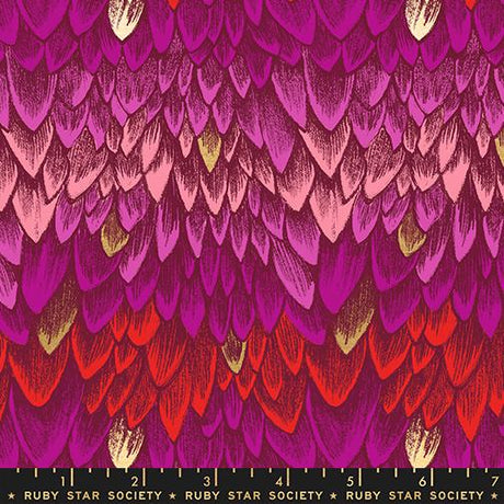 a vibrant and colorful pattern of feathers in shades of pink, red, and orange. The feathers are arranged in a repeating pattern, creating a visually striking and dynamic design.