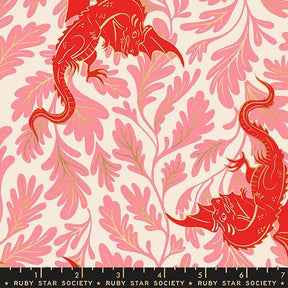 two red dragons against a pink and white floral background.