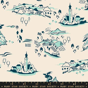 The image is a collage of various stylized illustrations depicting different landscapes, buildings, and architectural elements.