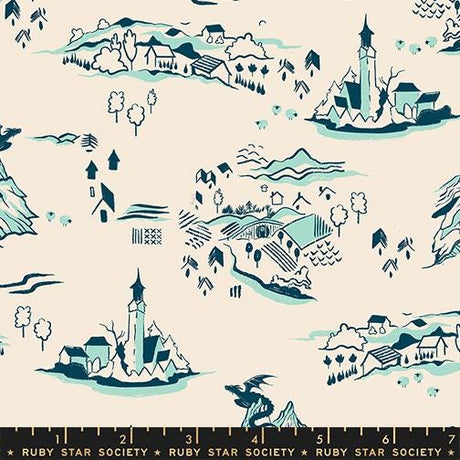 The image is a collage of various stylized illustrations depicting different landscapes, buildings, and architectural elements.