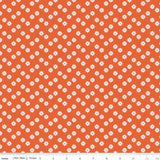 a repeating pattern of small white flowers against a bright orange background.
