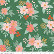 a repeating pattern of pink and orange flowers with green leaves against a dark green background.