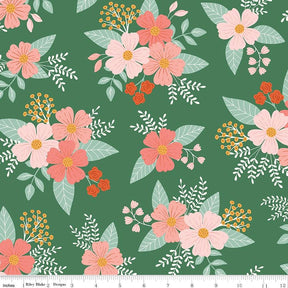 a repeating pattern of pink and orange flowers with green leaves against a dark green background.