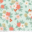a repeating pattern of pink and white flowers with green leaves against a light blue background.