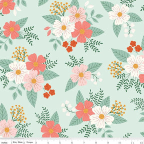 a repeating pattern of pink and white flowers with green leaves against a light blue background.