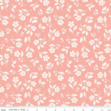 a repeating pattern of white flowers and leaves on a pink background.