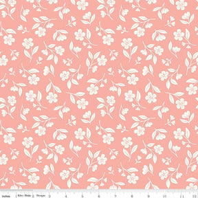 a repeating pattern of white flowers and leaves on a pink background.