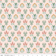 a repeating pattern of various flowers and plants in different colors, including red, green, and blue, arranged in a grid-like fashion.