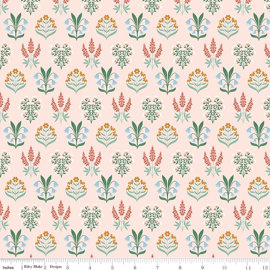a repeating pattern of various flowers and plants in different colors, including red, green, and blue, arranged in a grid-like fashion.