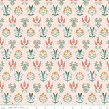 a repeating pattern of various flowers and plants in different colors, including red, green, and blue, arranged in a grid-like fashion.