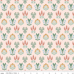 a repeating pattern of various flowers and plants in different colors, including red, green, and blue, arranged in a grid-like fashion.