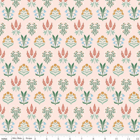 a repeating pattern of various flowers and plants in different colors, including red, green, and blue, arranged in a grid-like fashion.