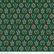 a repeating pattern of various flowers and plants in shades of green, purple, and orange against a dark green background.