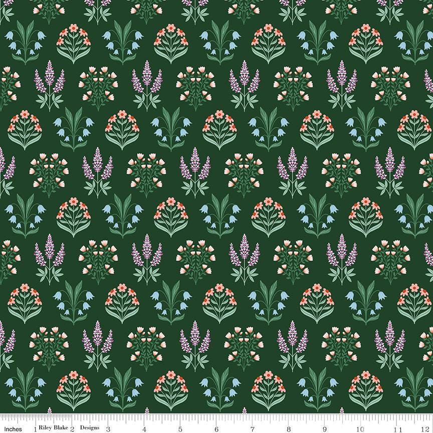 a repeating pattern of various flowers and plants in shades of green, purple, and orange against a dark green background.