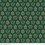 a repeating pattern of various flowers and plants in shades of green, purple, and orange against a dark green background.