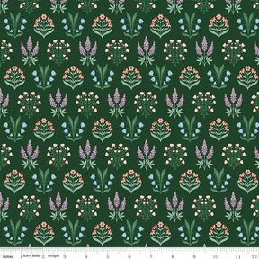 a repeating pattern of various flowers and plants in shades of green, purple, and orange against a dark green background.