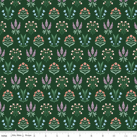 a repeating pattern of various flowers and plants in shades of green, purple, and orange against a dark green background.