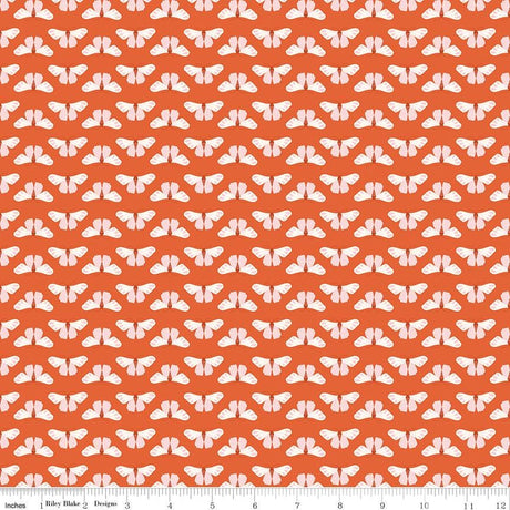 a repeating pattern of white butterflies against an orange background.