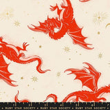 a red dragon with wings spread wide, flying through a starry night sky.