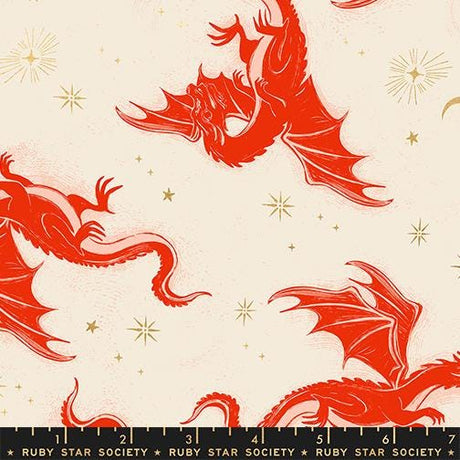 a red dragon with wings spread wide, flying through a starry night sky.
