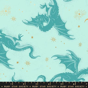 a blue dragon with wings spread wide, flying through a starry night sky.