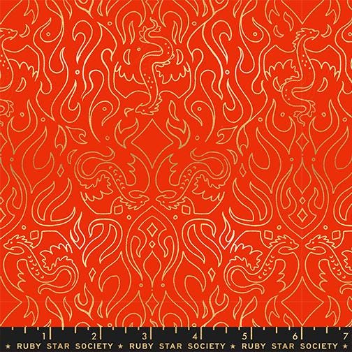 The image is a vibrant red pattern with intricate designs and shapes, including flames, swirls, and geometric patterns. The overall design is visually striking and eye-catching.